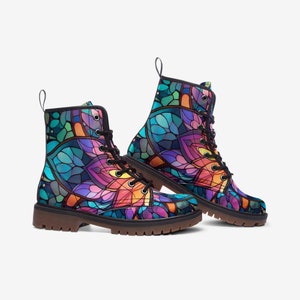Stained Glass Art Casual Faux Leather Lightweight Boots - Unisex Boots - Festival Boots - Platform Boots - Combat Boots - Unique Boots