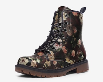 Dark Floral Faux Leather Combat Boots: Lightweight Platform Boots