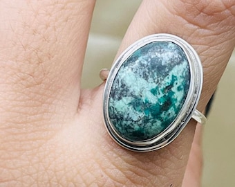 Natural Chrysocolla Silver Ring, Solid 925 Silver Chrysocolla Gemstone Ring For Women, Blue Chrysocolla Jewelry For Wedding Anniversary Gift