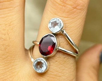Garnet Aquamarine Silver Ring, Aquamarine Garnet Ring, Multi Stone Silver Ring, Trio Stone Ring For Women, Two Birthstone Ring For Christmas