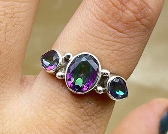 Natuurlijke mystic topaas zilveren ring, mystic topaas edelsteenring voor vrouwen, verlovingsring regenboog mystic topaas voor verjaardagscadeaus