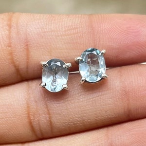 Aquamarine Studs, Aquamarine Gemstone Silver Studs, Handmade Boho Studs For Women, Engagement Silver Studs For Women Gift