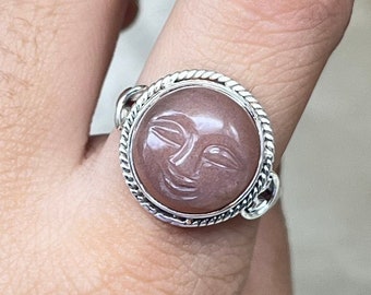 Moon Face Silver Ring, Sunstone Gemstone Moon Face Ring, Silver Face Ring For Women, Moon Face Carving Ring, Hand Carved Moon Face Ring Gift