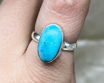 Natural Blue Turquoise Silver Ring, Oval Shape Blue Turquoise Gemstone Ring For Women, Blue Turquoise Silver Jewelry For Anniversary Gifts