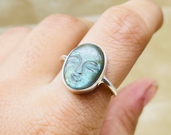 Natural Labradorite Face Ring, Moon Face Carving Labradorite Gemstone Ring, Silver Face Carving Ring For Women, Carving Labradorite Ring