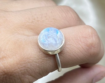 Moon Face Ring, Carving Moon Face Moonstone Ring, Moon Face Gemstone Ring, Boho Carved Moon Face Ring, Silver Face Ring For Women, Face Ring
