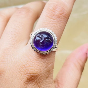 Natural Amethyst Face Carving Ring, Moon Face Amethyst Gemstone Ring For Women, Carving Amethyst Moon Face Gemstone Ring For Women