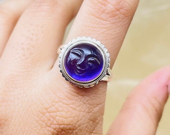 Natural Amethyst Face Carving Ring, Moon Face Amethyst Gemstone Ring For Women, Carving Amethyst Moon Face Gemstone Ring For Women