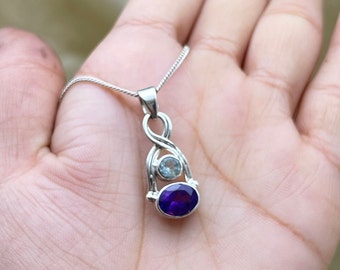 Solid 925 Silver Aquamarine Amethyst Pendant Necklace, Amethyst Aquamarine Silver Gemstone Necklace For Wedding Anniversary Gift For Wife