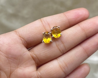 Natural Citrine Studs Earring, Citrine  Gemstone Studs Earrings For Women, 925 Sterling Silver Studs-Yellow Stone Studs, Birthstone Studs