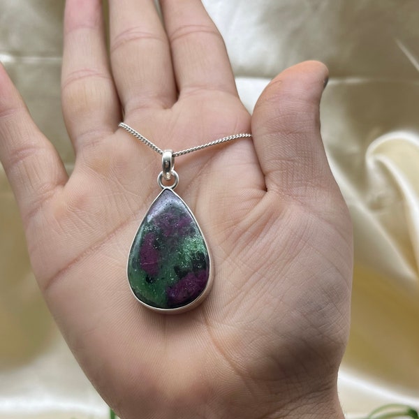 Solid 925 Silver Ruby Zoisite Pendant Necklace, Ruby Zoisite Gemstone Pendant Necklace, Handmade Boho Jewelry For Women Anniversary Gifts