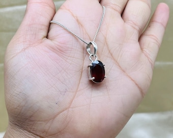 Natural Garnet Silver Pendant, Oval Cut Garnet Gemstone Pendant Necklace For Women Handmade Garnet Silver Jewelry January Birthstone For Her