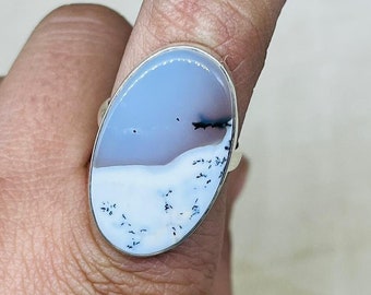 Natural Dendrite Agate Silver Ring, Dendrite Bar Stone Ring For Women, 925 Sterling Silver Ring, Handmade Dendrite Jewelry For Anniversary