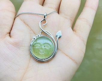 Moon Face Carving Gemstone Pendant For Women, Moon Face Sliver Pendant, Face Carving Silver Pendant Moon Necklace Prehnite Moon Face Pendant