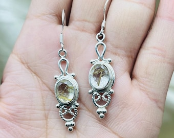 Natural Golden Rutile Silver Earrings, 925 Sterling Silver Golden Rutile Quartz Silver Earrings, Boho Golden Rutile Quartz Silver Earrings
