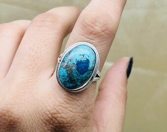 Natural Chrysocolla Silver Ring, Solid 925 Sterling Silver Chrysocolla Gemstone Ring, Handmade Boho Chrysocolla Jewelry For Anniversary Gift
