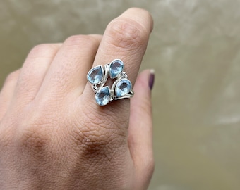 Naturlig blå akvamarin silverring, massiv 925 akvamarin ädelstensring för kvinnor, päronslipad akvamarinring för födelsestenspresenter i mars