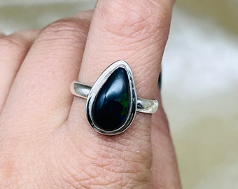 Natural Black Opal Silver Ring, Ethiopian Black Opal Gemstone Ring For Women, Tear Drop Black Opal Ring For Wedding Anniversary Gifts Ideas