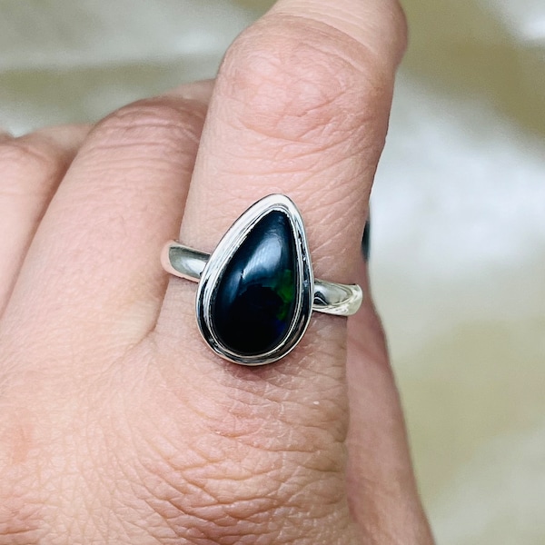 Natural Black Opal Silver Ring, Ethiopian Black Opal Gemstone Ring For Women, Tear Drop Black Opal Ring For Wedding Anniversary Gifts Ideas