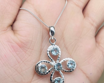 Natural Aquamarine Silver Pendant, Floral Aquamarine Gemstone Pendant For Women, Blue Aquamarine Silver Jewelry, March Birthstone Pendant