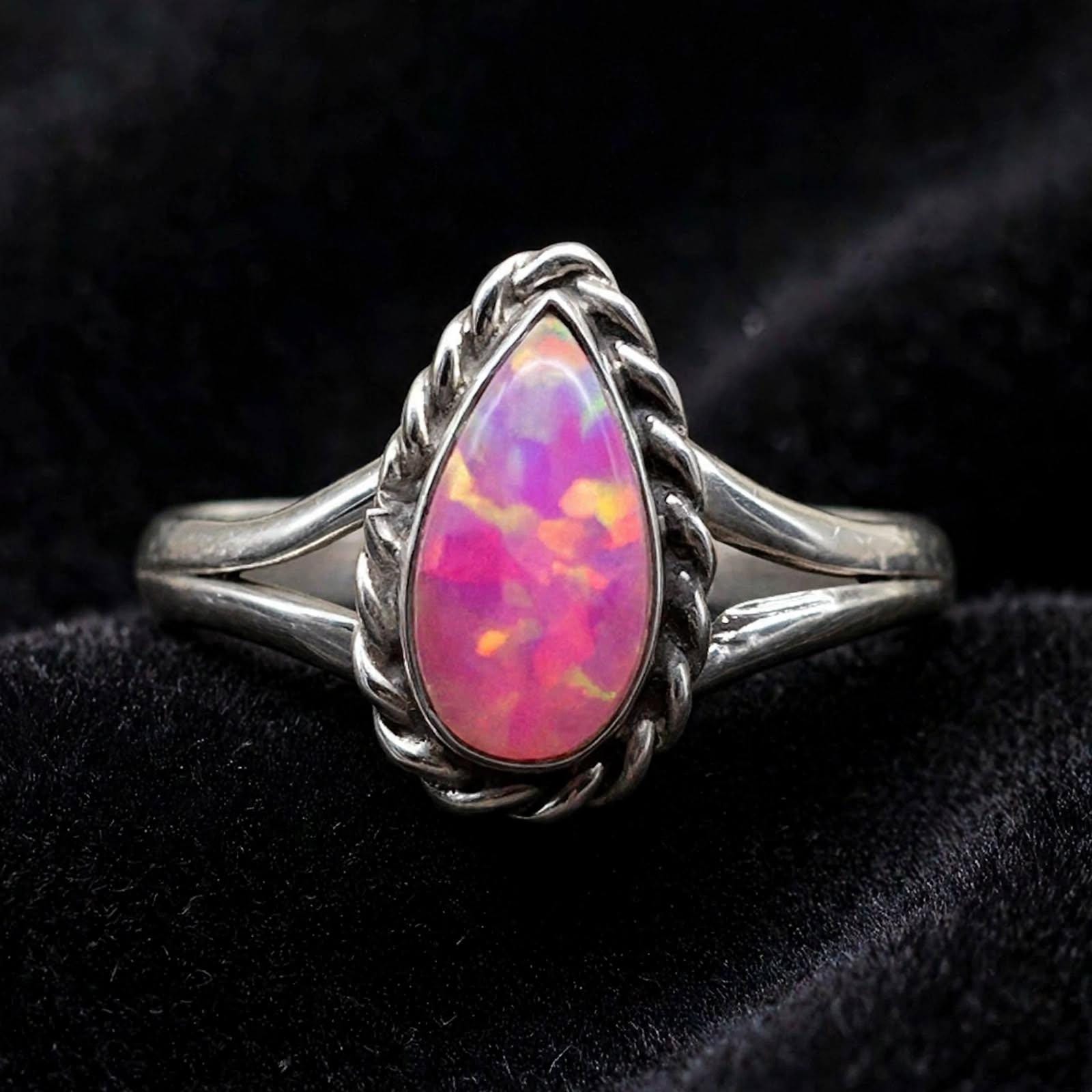 Handcrafted Sterling Silver Pink Fire Opal Ring, Pear Shape Gemstone (925 Silver)