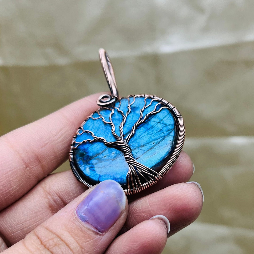 Tree of Life Blue Labradorite Gemstone Copper Wire Pendant Handmade