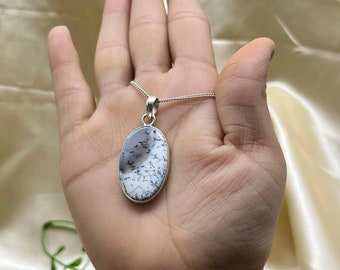 Handmade Oval Dendritic Opal Pendant, 925 Sterling Silver Boho Necklace