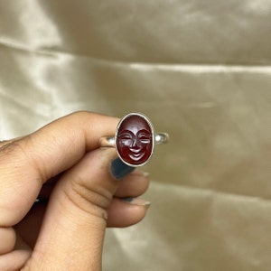 Moon Face Silver Ring, Garnet Gemstone Moon Face Ring, Silver Face Ring For Women, Moon Face Carving Ring, Hand Carved Moon Face Ring