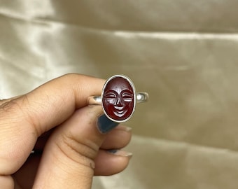 Moon Face Silver Ring, Garnet Gemstone Moon Face Ring, Silver Face Ring For Women, Moon Face Carving Ring, Hand Carved Moon Face Ring