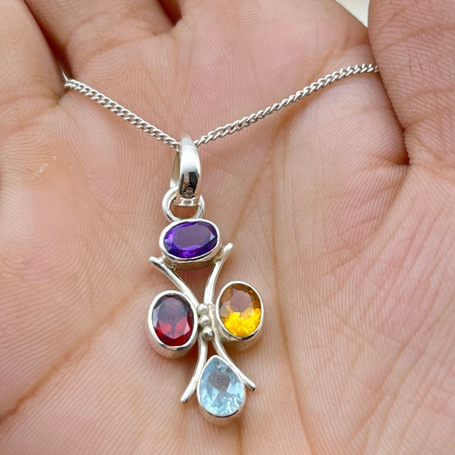Solid 925 Garnet Aquamarine Amethyst Citrine Silver Pendant