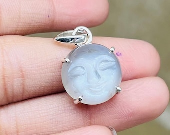 Moon Face Necklace, White Moon Face Gemstone Pendant, Face Carving Moon Face Pendant, Tiny Moonstone Pendant, Carving Moon Face Pendant Gift