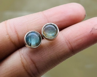 Natural Labradorite Silver Studs, Round Shape Labradorite Silver Studs, Labradorite Gemstone Studs, Tiny Labradorite Studs Earrings For Her