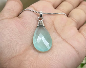 Solid 925 Sterling Silver Aqua Chalcedony Pendant Necklace For Women, Tear Drop Aqua Chalcedony Gemstone Boho Pendant Gifts For Engagement