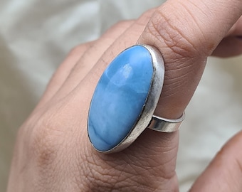 Natural Blue Opal Silver Ring, Blue Opal Gemstone Ring, 925 Sterling Silver Blue Opal Ring For Women, Handmade Boho Blue Opal Ring For Her