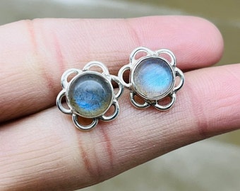 Blue Labradorite Studs Earrings, Labradorite Sterling Silver Earrings, Labradorite Gemstone Studs For Women Labradorite Round Studs Earrings