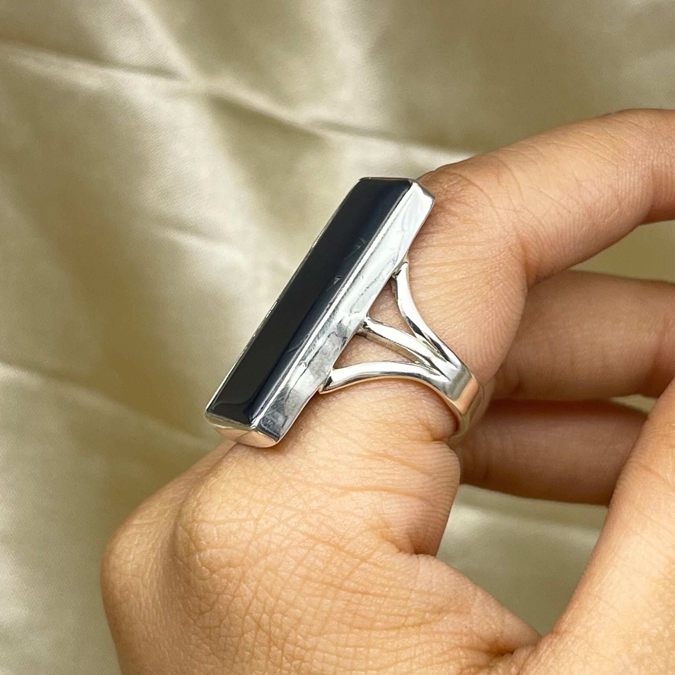 Long Black Onyx Silver Ring, 925 Sterling Silver Ring Long Black Onyx Silver Ring, 925 Sterling Silver Ring