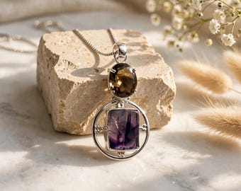 Silberanhänger aus Rauchquarz, ovaler Anhänger aus Rauchquarz und Amethyst für Damen, handgefertigter Doppelsteinanhänger als Geschenk zum Jahrestag