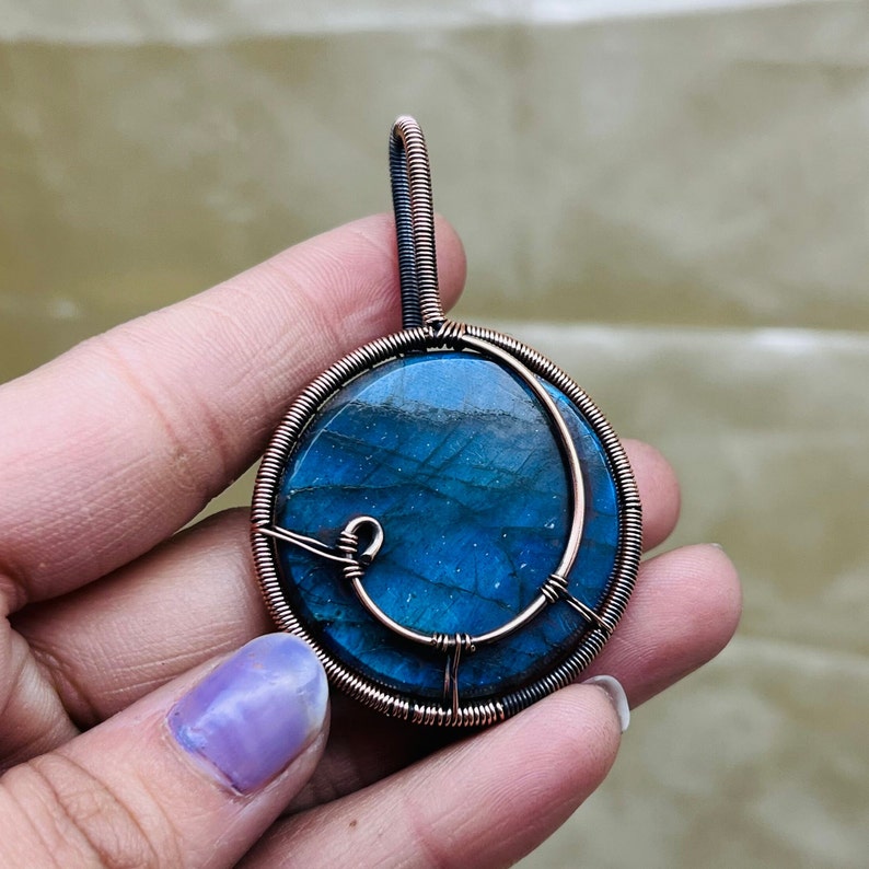 Tree of Life Blue Labradorite Gemstone Copper Wire Pendant Handmade