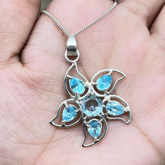 Collana Con Ciondolo Acquamarina Blu In Argento 925 Rodiato - Lunghezza Catena 56 Cm - Regalo