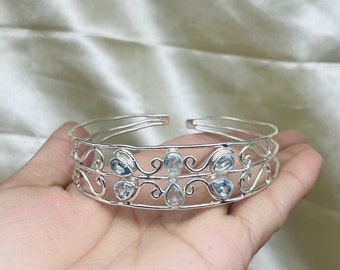 Aquamarine Silver Bracelet, Blue Aquamarine Gemstone Cuff Bracelet, Open Cuff Bracelet, Aquamarine Silver Bangle Cuff, Boho Cuff Bracelet