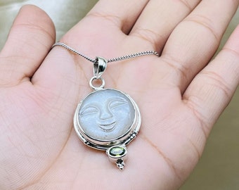 Moon Face Silver Pendant Necklace, White Moon Face Peridot  Gemstone For Women, Moon Face Carving Silver Pendant For Anniversary Gifts Ideas