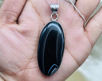 Oval Banded Onyx Sterling Silver Pendant, Boho Gemstone Necklace