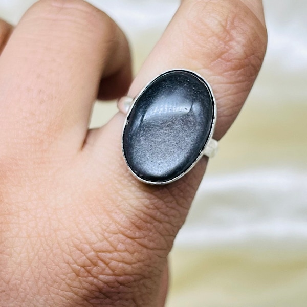 Natural Silver Obsidian Gemstone Ring, Oval Shape Silver Obsidian Gemstone Ring For Women, Silver Obsidian Silver Jewelry For Anniversary