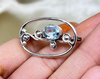 Genuine Aquamarine Silver Brooches, 925 Sterling Silver Brooches, Boho Silver Brooch For Women, Celtic Shawl Pin Brooches, Scarf Pin Brooch