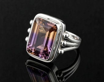 Natural Ametrine Sterling Silver Ring, Elegant Gemstone Band, Bridesmaid Gift