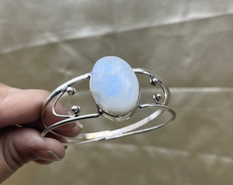 Rainbow Moonstone Bracelet, Solid 925 Silver Rainbow Moonstone Cuff Bracelet, Moonstone Open Cuff Bangle, Moonstone Silver Cuff Bracelet