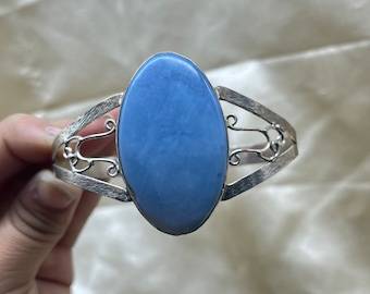 Blue Opal Silver Cuff Bracelet, Solid 925 Sterling Silver Blue Opal Cuff Bracelet, Adjustable Silver Cuff Bracelet, Gemstone Cuff Bracelet