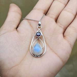 Rainbow Moonstone Pendant, Blue Moonstone Garnet Gemstone Pendant For Women, Teardrop Moonstone Pendant, Colorful Necklace For Christmas