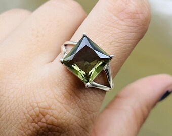 Natural Green Amethyst Silver Ring, Square Shape Green Amethyst Gemstone Ring For Women, Green Amethyst Jewelry For Anniversary Gifts Ideas