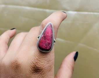Solid 925 Pink Thulite Gemstone Silver Ring For Women, Tear Drop Pink Thulite Jewelry For Anniversary Gifts Idea, Thulite Ring For Christmas